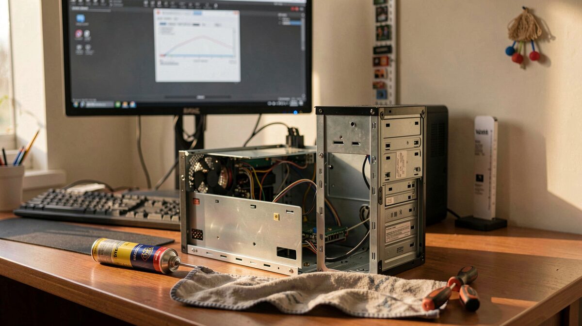 A home office desk in late afternoon light, a four-year-old desktop tower with its side panel removed, a can of compressed air and a screwdriver resting on a cloth beside it, a grey test image open on the monitor above.