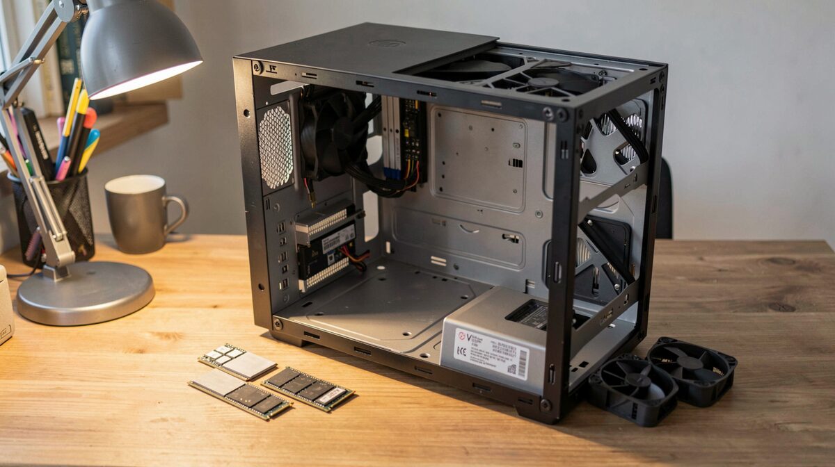 A desktop computer with its side panel removed on a home office desk, an NVMe drive and two memory modules resting beside the open case, a desk lamp lighting the interior from the left, shot at a slight angle from above.