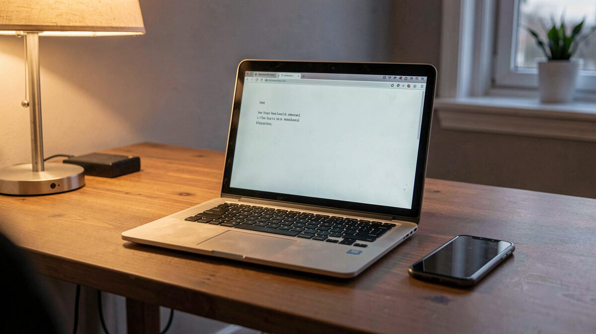 A home office desk at dusk, an older laptop open to a plain text page, a current phone face down beside it, warm lamp light from the left, shot from slightly above.